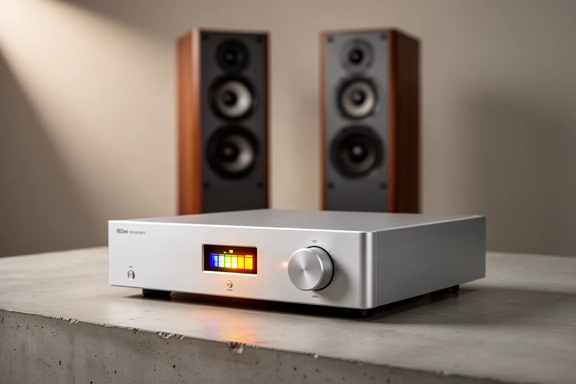 Slim silver aluminum hi-fi integrated amplifier with a glowing display on a concrete surface