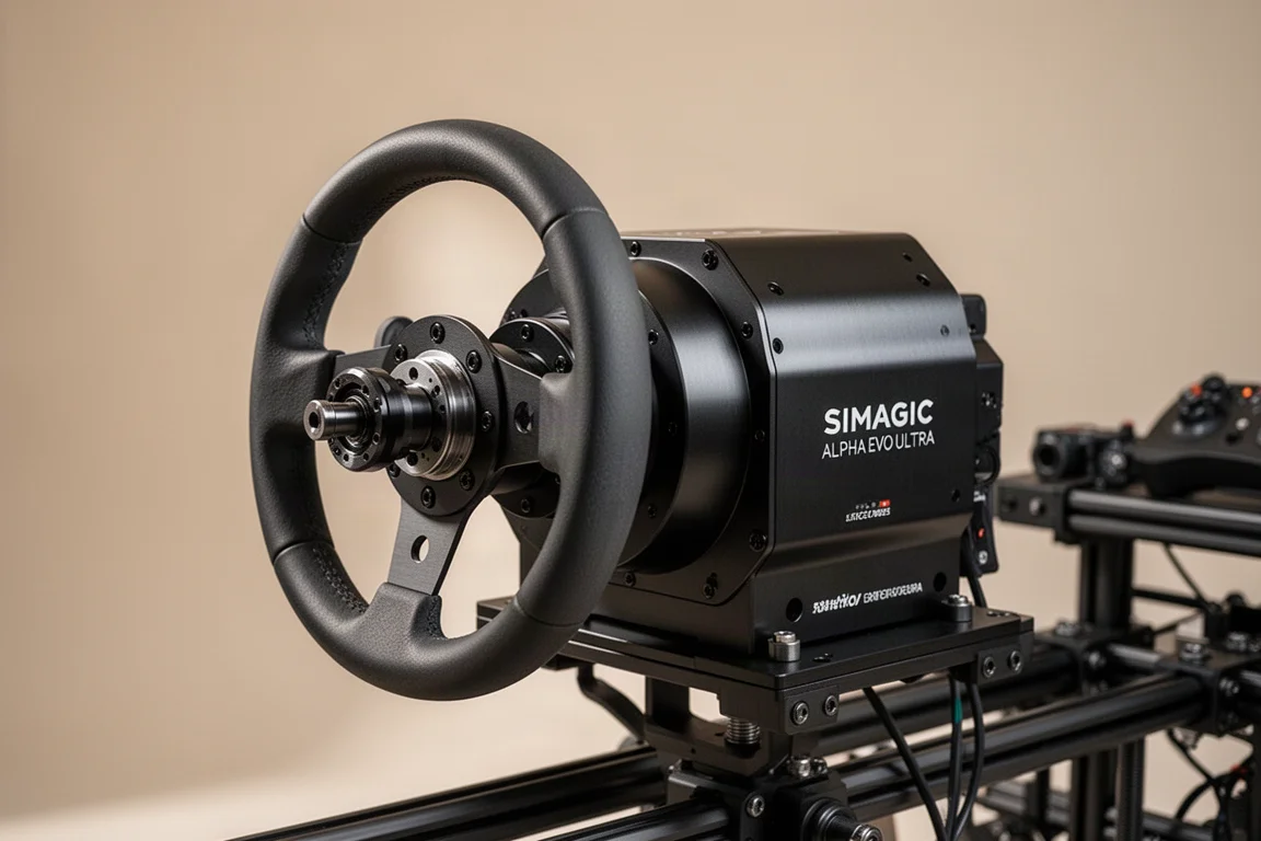 安裝在模擬賽車架上之 Simagic Alpha EVO Ultra 直驅式方向盤底座