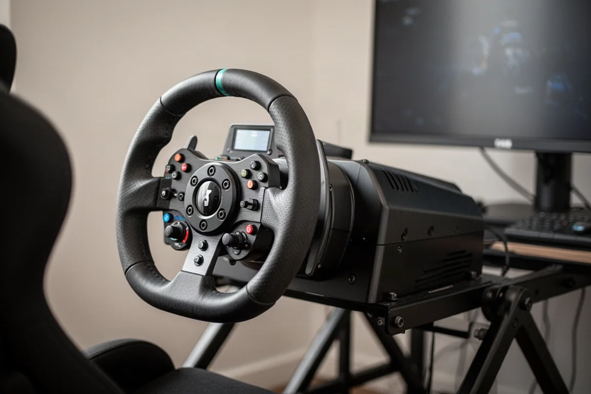 Sim-Racing-Cockpit mit einem Zeus-Lenkrad, montiert auf einer Wheelbase