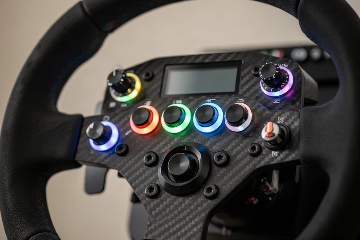 Nahaufnahme des Tastenlayouts eines Sim-Racing-Lenkrads mit RGB-Hintergrundbeleuchtung