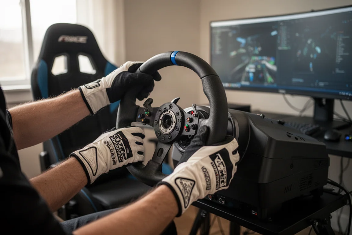 Sim-Racer, der einen Lenkradkranz in einem Heim-Setup einstellt
