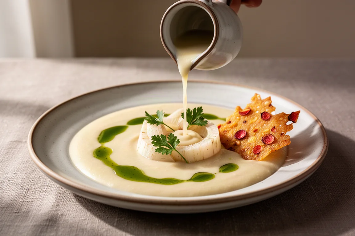 Entrante de velouté de apionabo ya emplatado con aceite de perejil vertido en la mesa