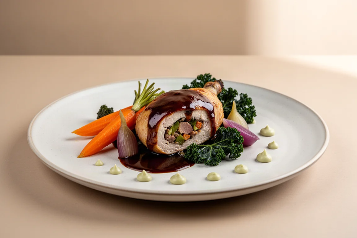 Plato principal emplatado de ave rellena con zanahorias glaseadas y verduras en vajilla fina
