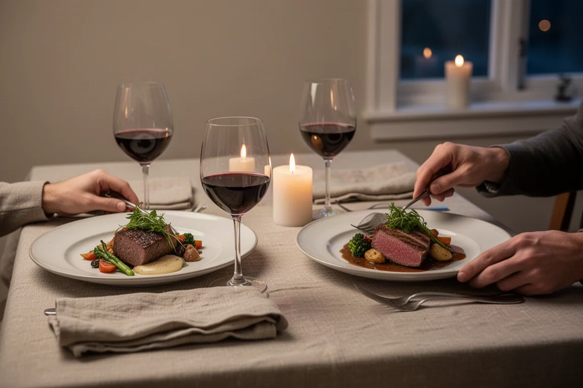 Dos personas sirviendo un plato de alta cocina terminado en una mesa de cena doméstica con copas de vino