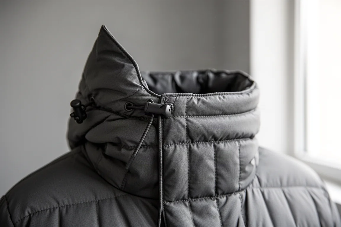 Gros plan sur le cordon de serrage de la capuche et les coutures des compartiments matelassés d'une doudoune