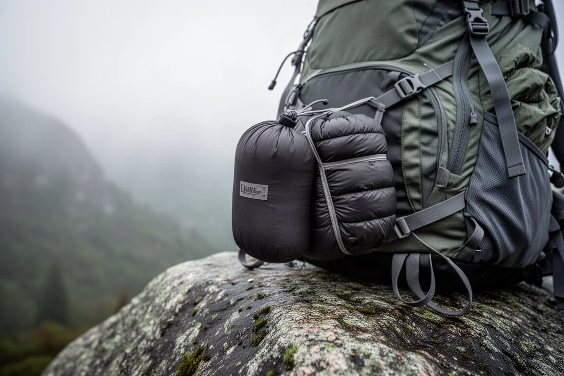 Doudoune compressée dans un petit sac de rangement attaché à un sac à dos de randonnée sur un rocher