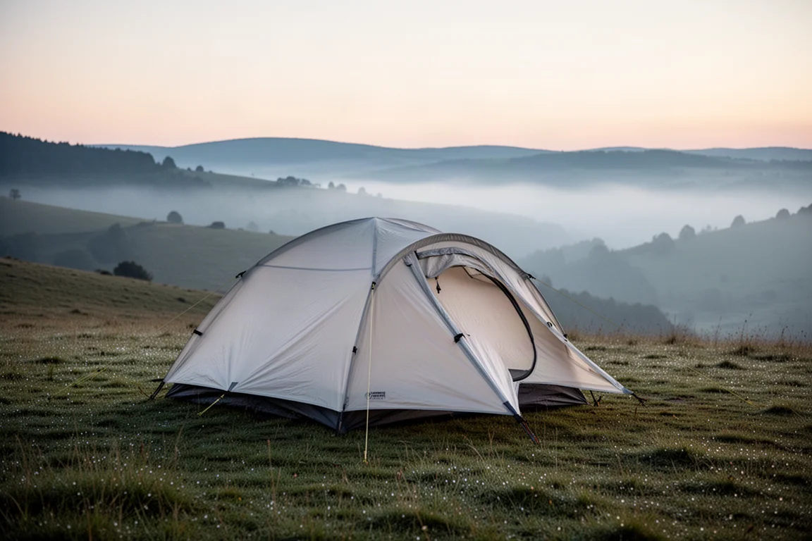 Low-profile trekking tent pitched on a green hillside at dusk with mist in the valley