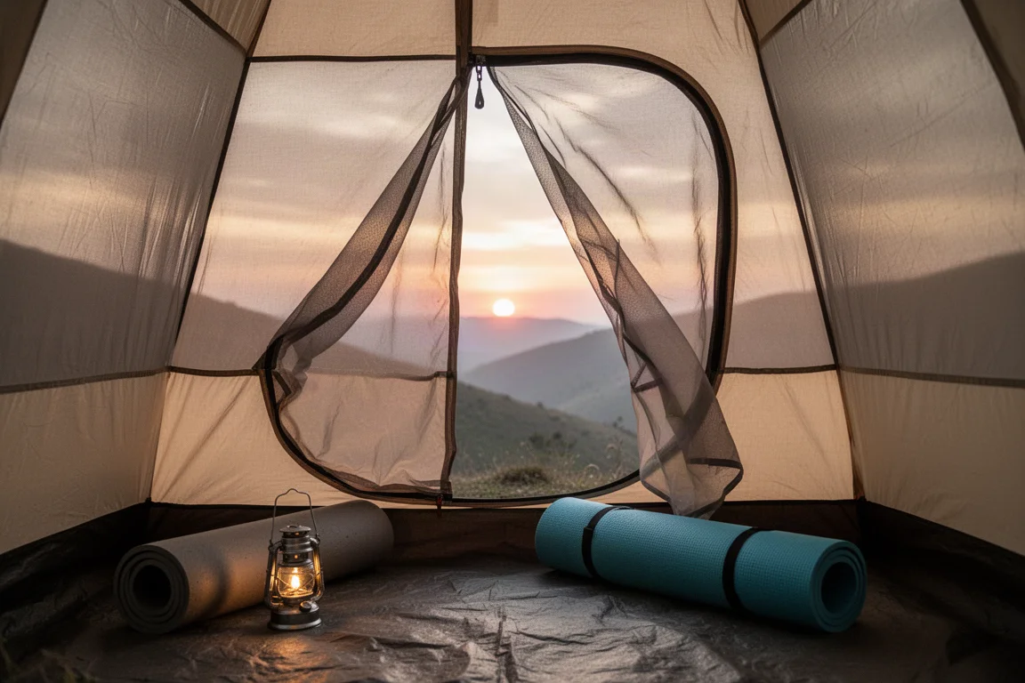 View from inside a tent through an open mesh door at sunrise with a sleeping pad on the floor
