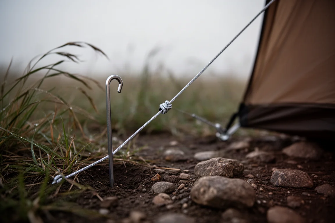 Tensioned guy line and thin tent stake driven into hard rocky ground at dusk