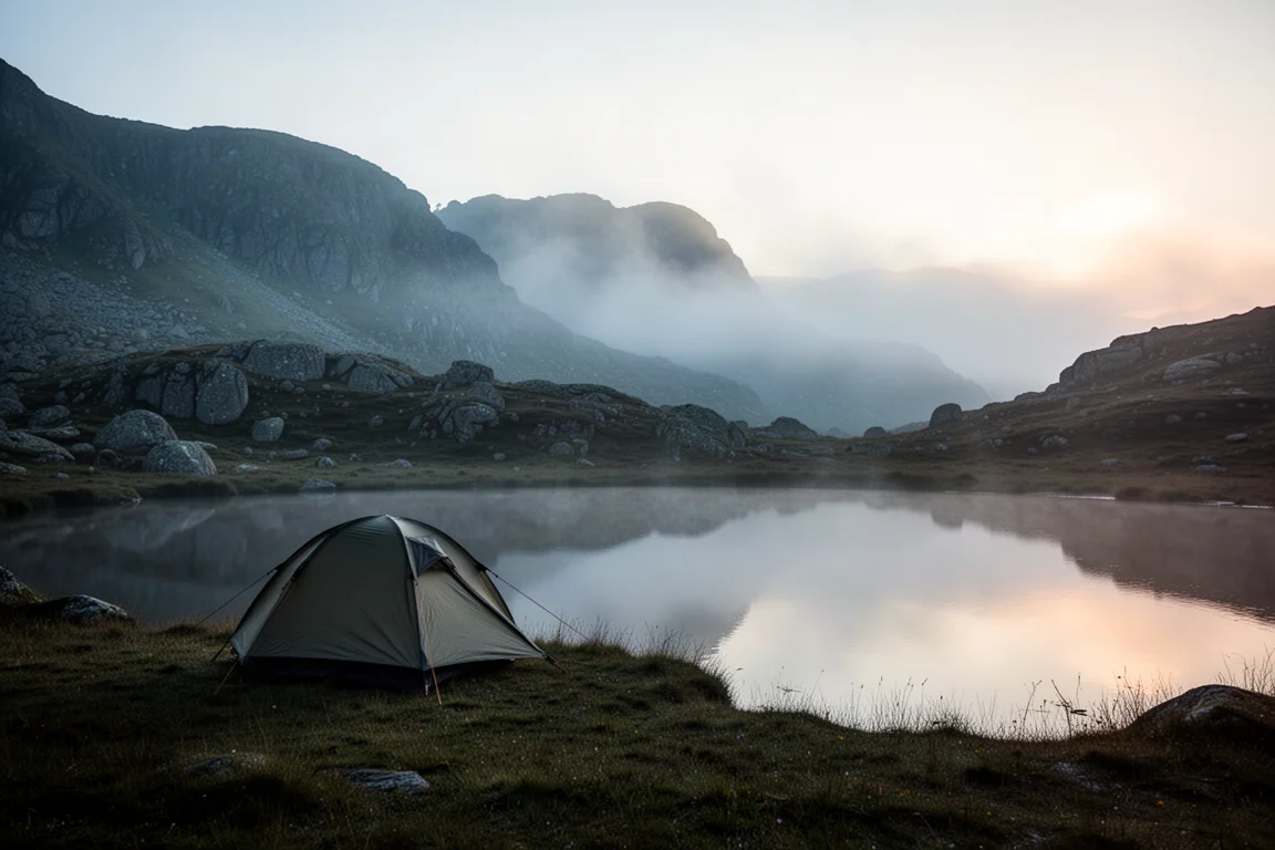 Wild camp scene at dawn with a small tent silhouette beside a mountain tarn