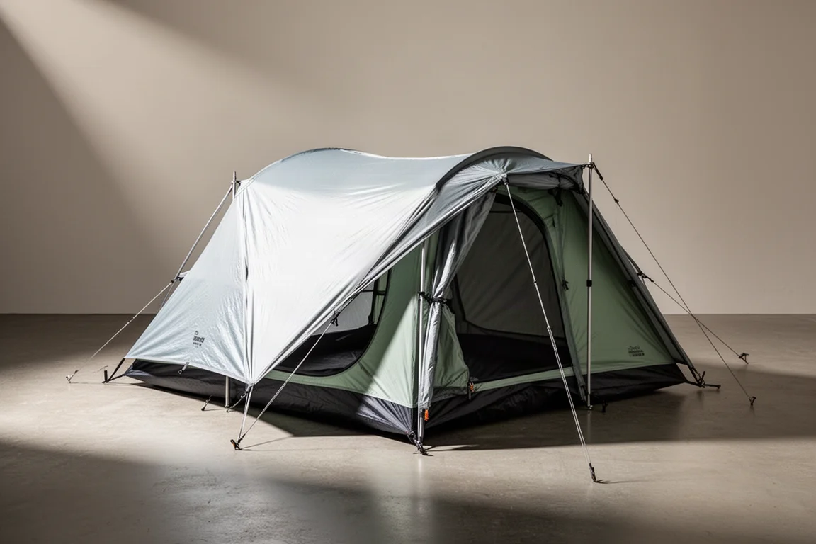 Tenda da trekking per due persone a profilo basso con paleria esterna su una superficie in cemento opaco
