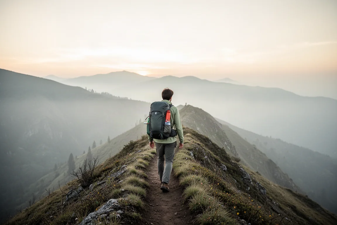 Backpacker che percorre un sentiero di cresta al tramonto con uno zaino ultraleggero compatto