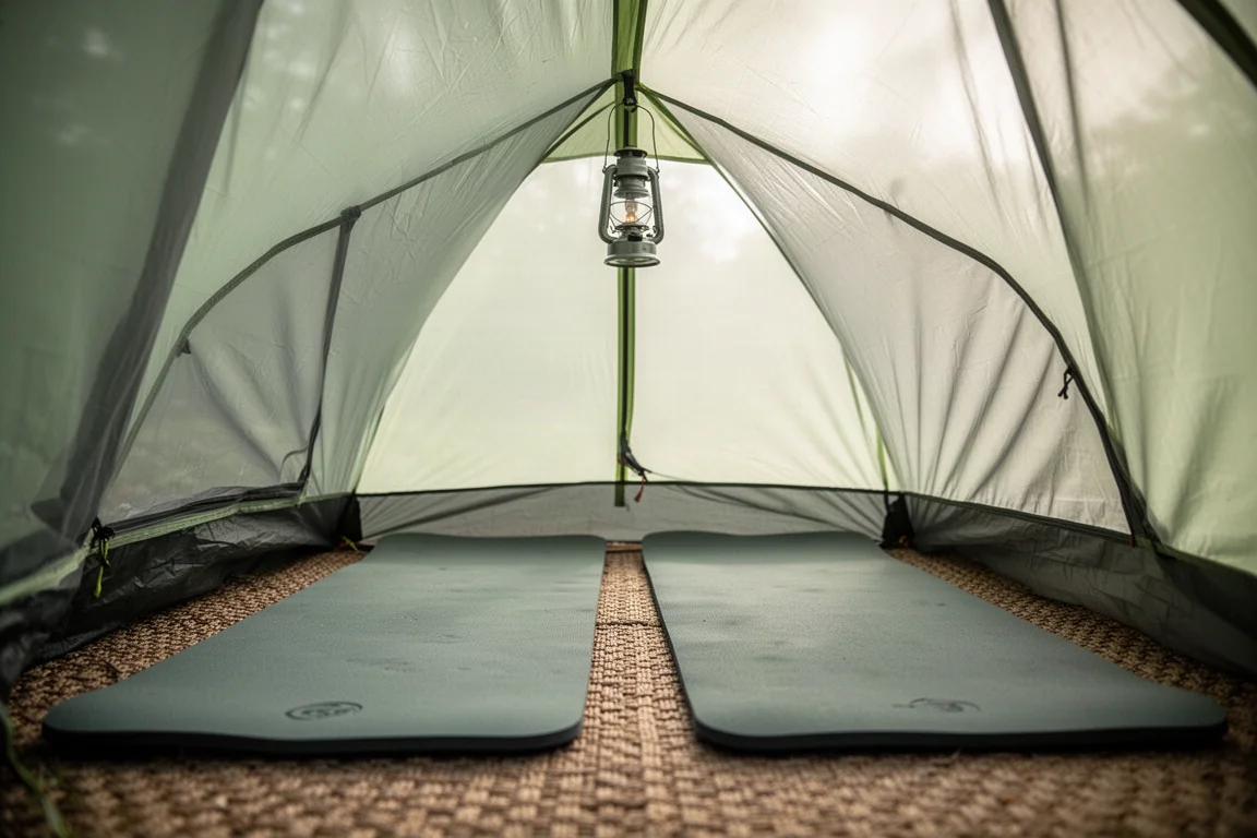 Interno di una tenda ultraleggera in mesh con due materassini su un fondo in tessuto