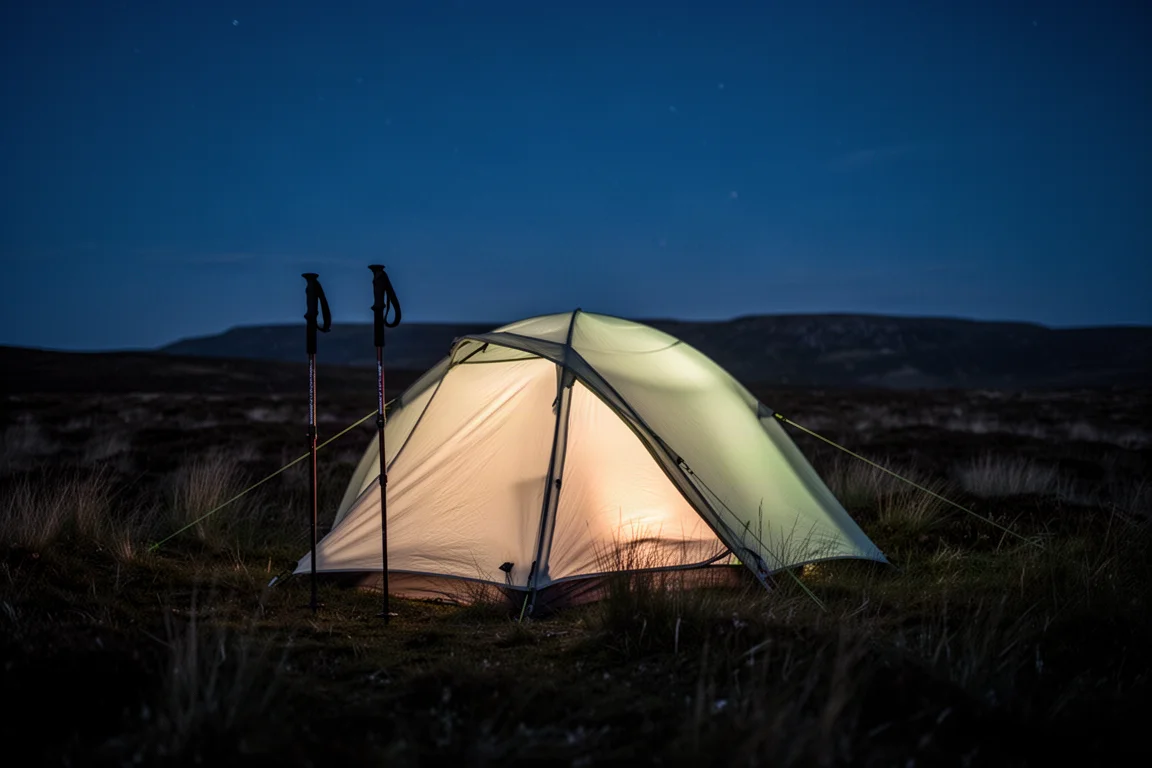 Trekking pole tent illuminata dall'interno di notte su una brughiera scura