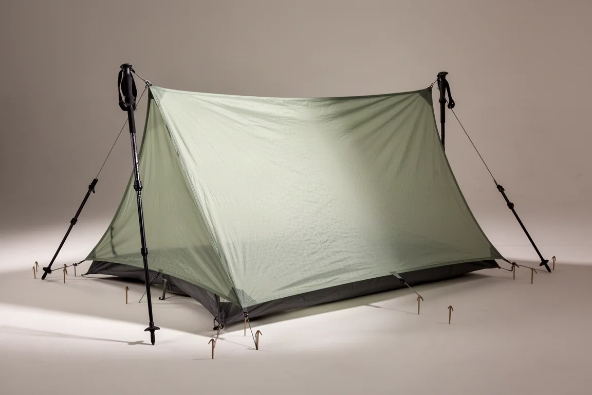 Trekking pole tent ultraleggero verde pallido montato su uno sfondo neutro da studio