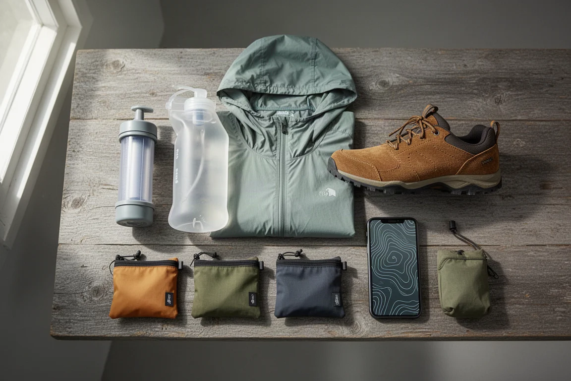 Flat-lay di essenziali da backpacking tra cui un filtro per l'acqua, una sacca d'acqua, una sun hoodie, una scarpa da trekking e pochette organizzatrici