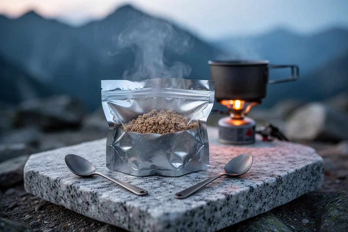 黃昏時分在高山營地的花崗岩石板上,為凍乾膳食袋注水還原