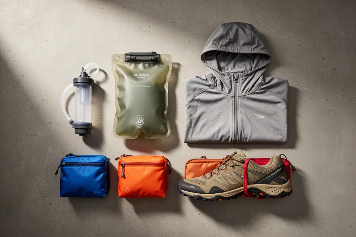 Backpacking essentials including a water filter, water bag, sun hoodie, hiking shoe, and organizer pouches