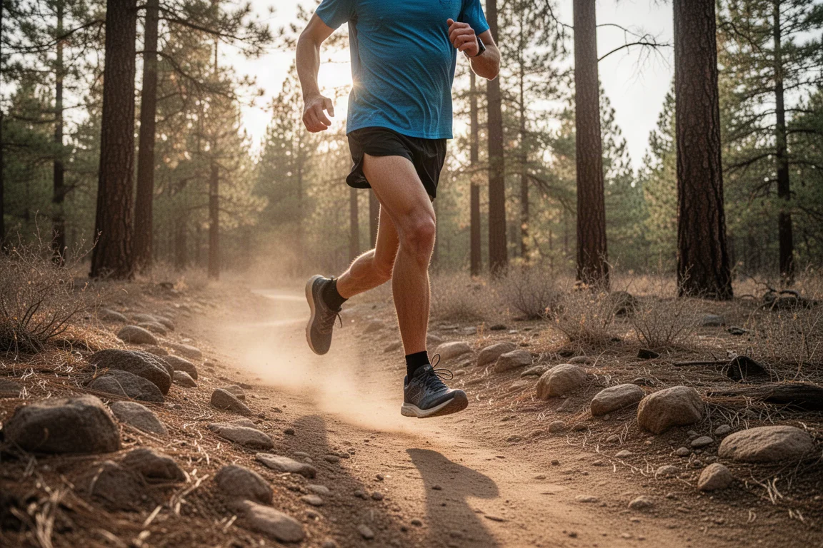 Trailrunner überquert bei schwachem Licht einen steinigen Singletrail