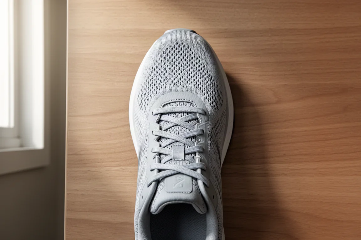 Obermaterial von Straßenlaufschuhen mit Schnürungsdetail als Flachlayout auf dem Schreibtisch