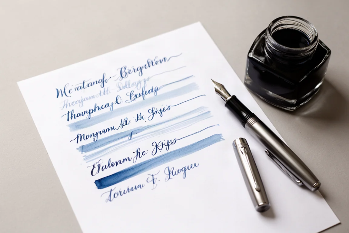 Handgeschreven inktproeven in blauwe inkt op wit papier, met een vulpen ernaast
