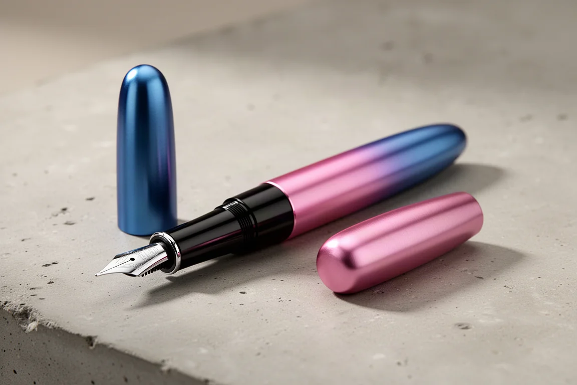 Simple Pens Ventura fountain pen with pink and blue gradient finish on concrete surface