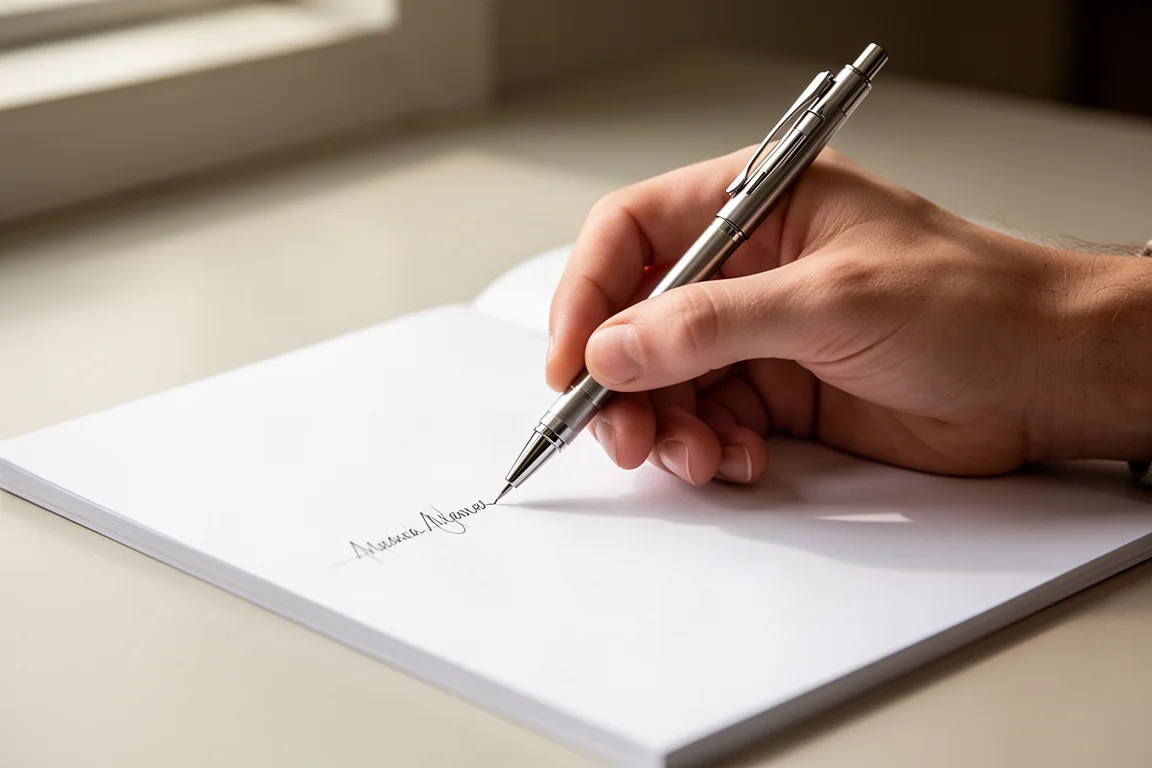 Eine Hand schreibt mit einem mechanischen Bleistift auf sauberem weißem Notizpapier