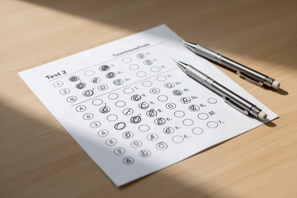 Ein Schüler füllt mit einem Bleistift die Antwortkästchen auf einem Testbogen aus