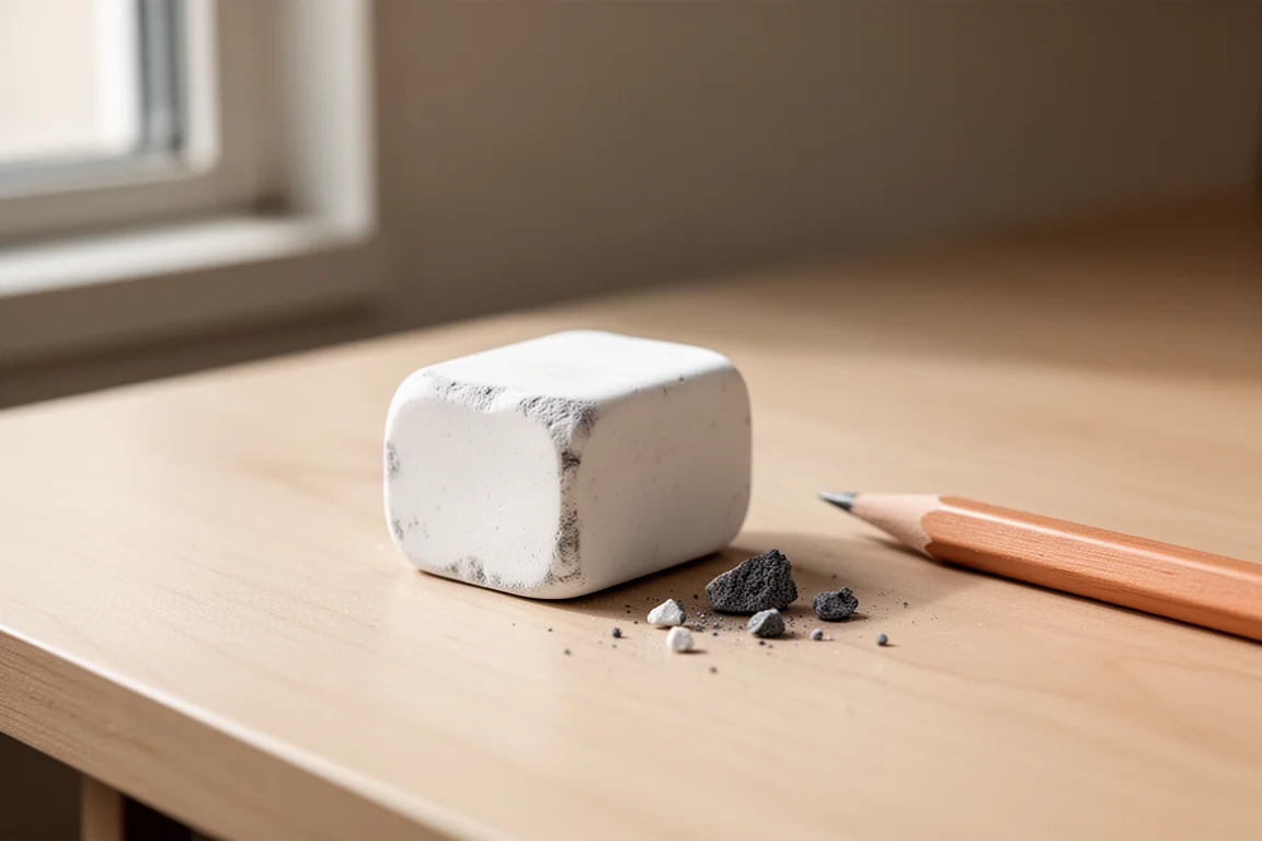 Ein Radierer mit weich abgerundeten gebrauchten Kanten neben Bleistiftspänen auf einem Schreibtisch