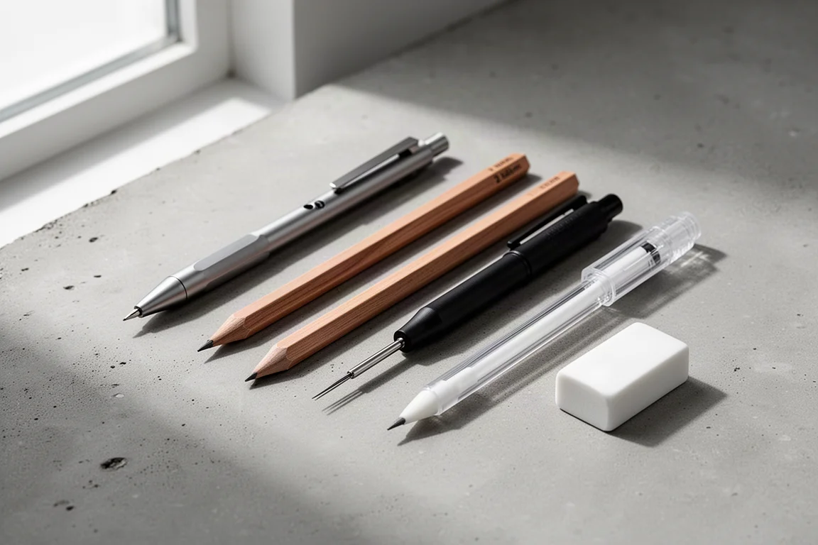 Assortment of pencils, a lead holder, and an eraser arranged on a concrete surface