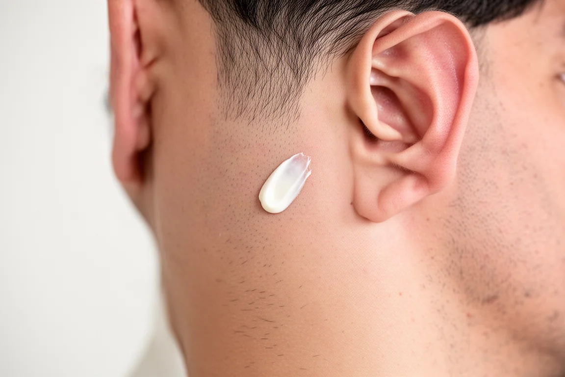 Piccola patch di test di sensibilità cutanea dietro l'orecchio, tenuta asciutta e pulita