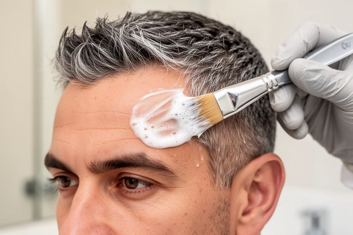 Pennello di applicazione che distribuisce la schiuma sul lato dei capelli di un uomo