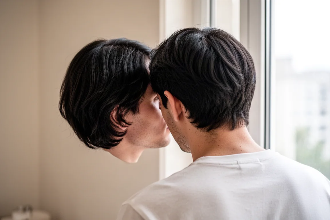 Uomo che esamina i suoi capelli alla luce naturale di una finestra una settimana dopo la tinta