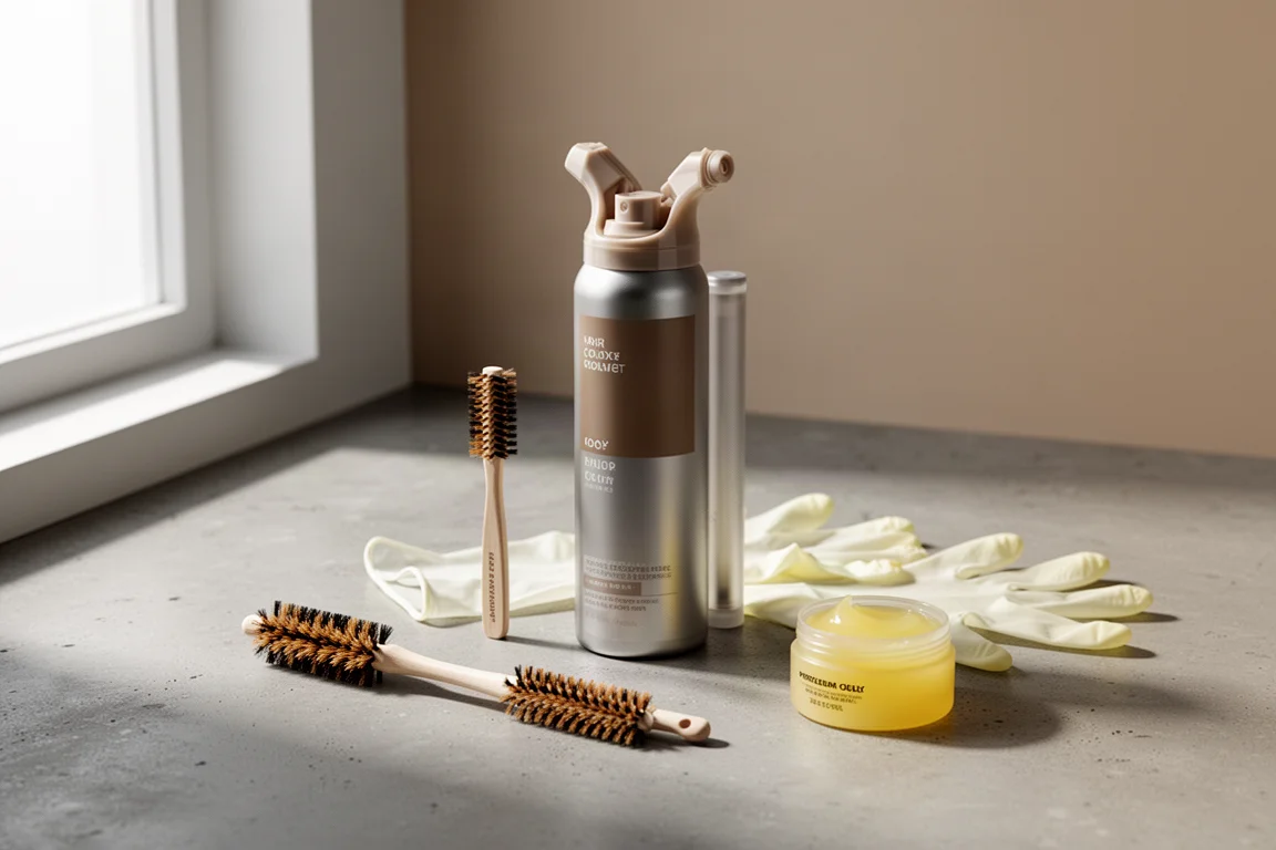 Simpler Hair Color for Men kit with can, brush, gloves and petroleum jelly on concrete