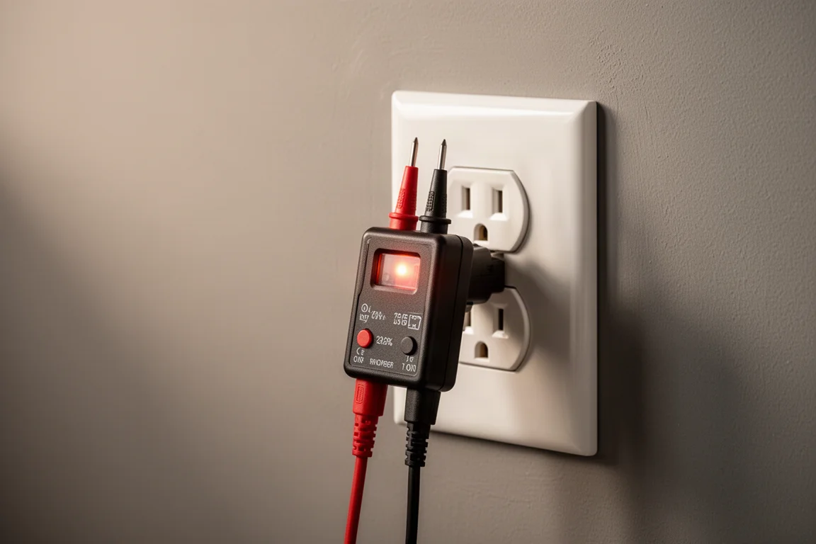 Compact voltage tester probes inserted into a wall outlet