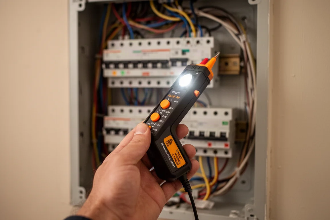 Milwaukee-style voltage tester held over an electrical panel