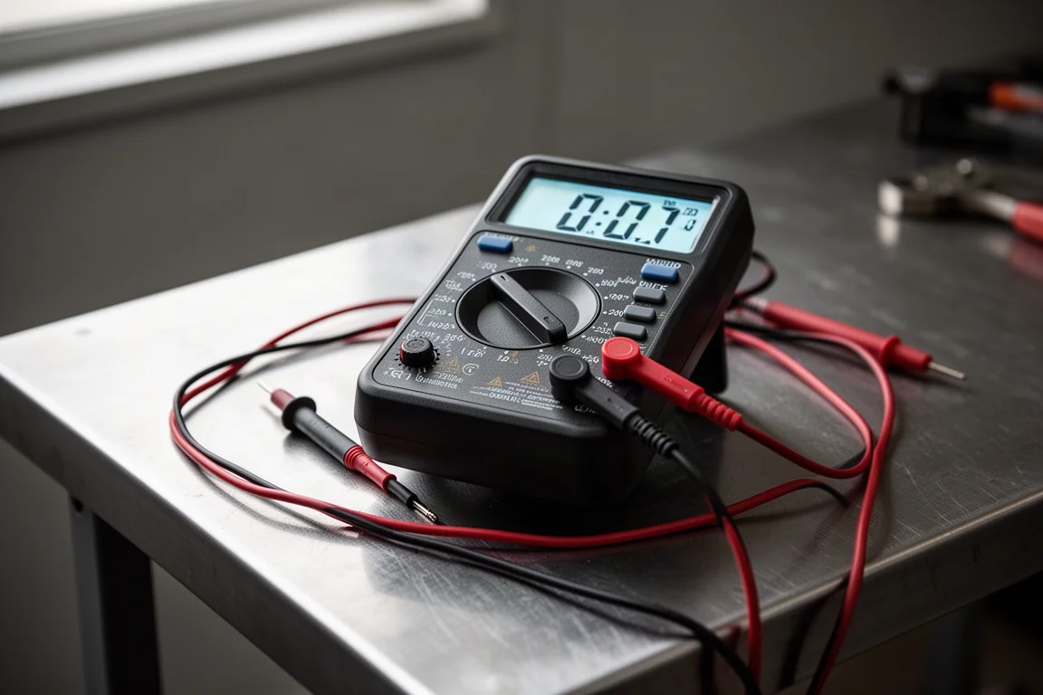 Digital multimeter with large illuminated LCD screen on a workbench
