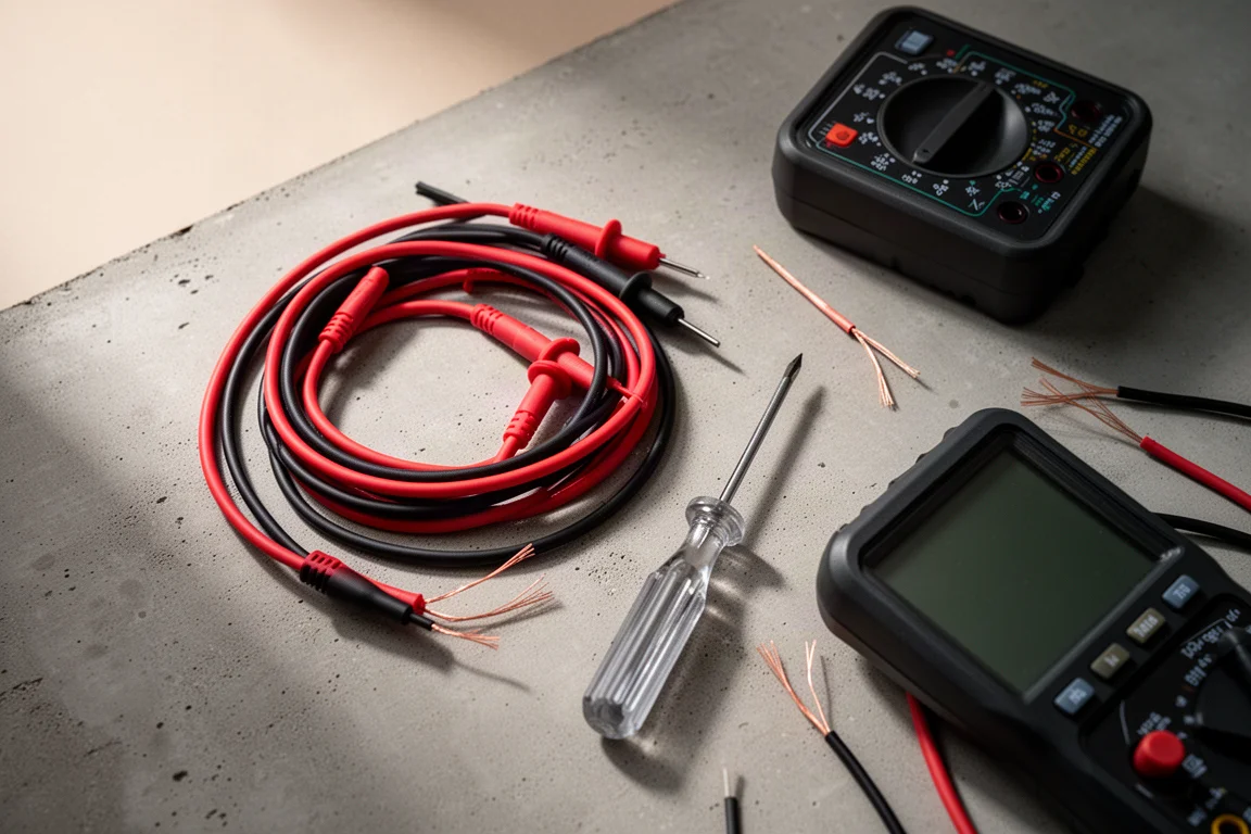 Workbench scene with test leads, wires, and tools under soft light