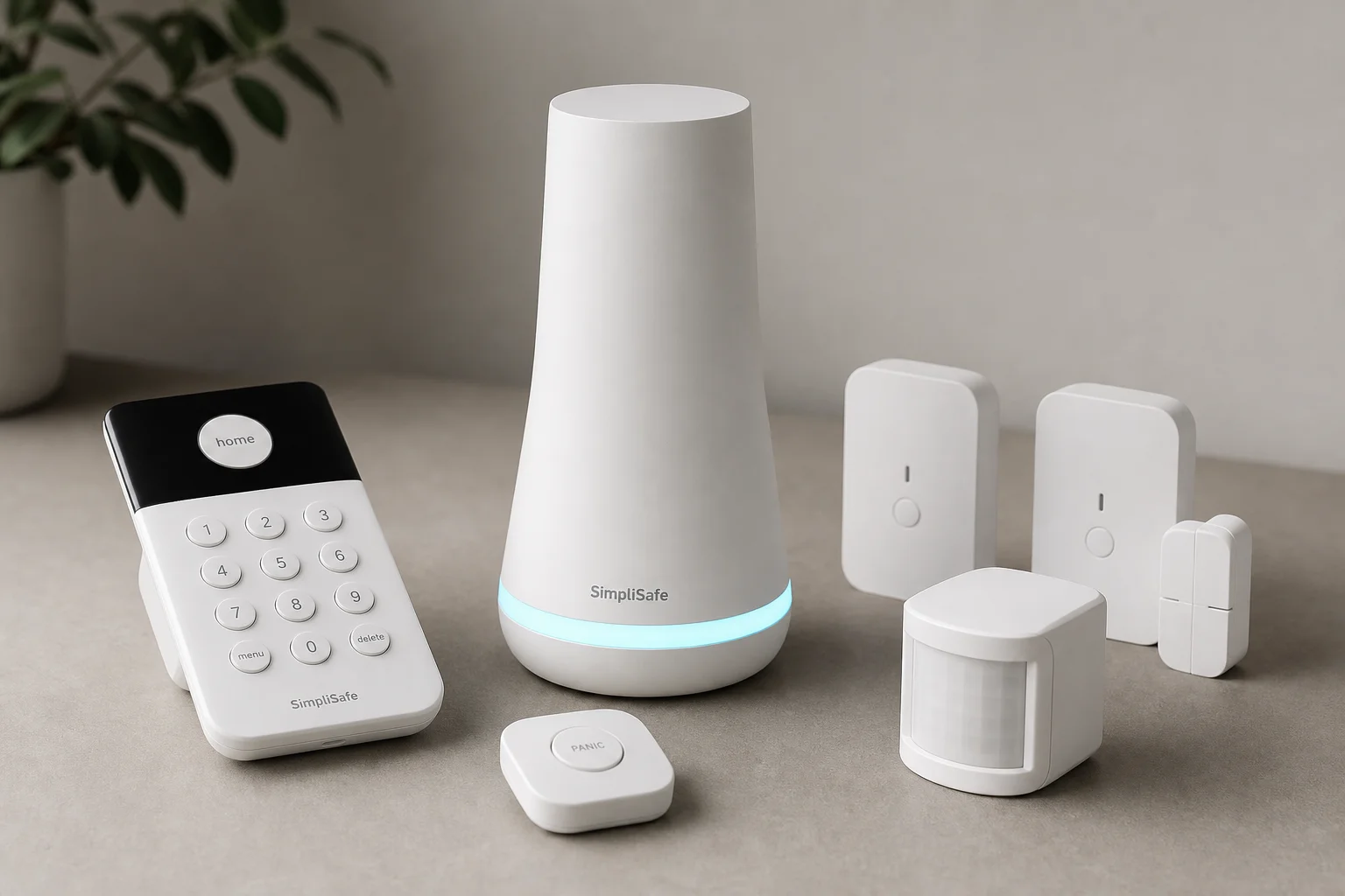 Smart home devices including hub, streaming device, thermostat, lock, and lights on a desk