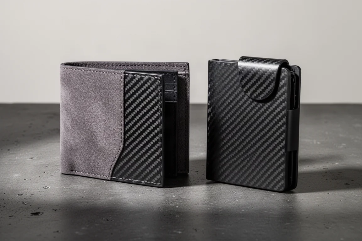 Simply Carbon Fiber bifold and slim carbon fiber wallet side by side on concrete