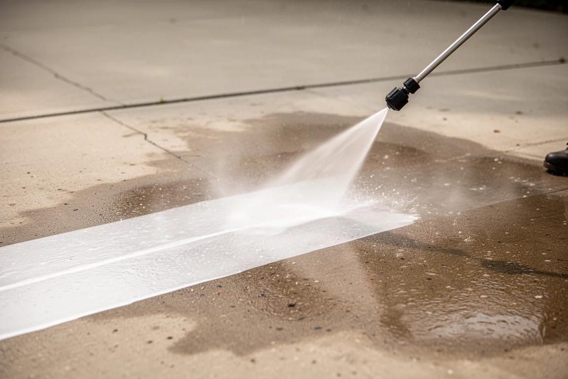 Persona che pulisce un viale pavimentato con un'idropulitrice, l'acqua rimbalza dalla superficie