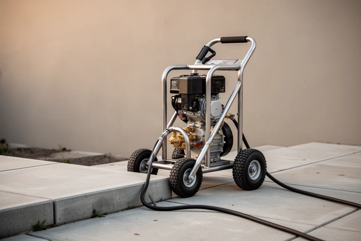 Idropulitrice a benzina di medie dimensioni su un bordo d'erba accanto a un patio in cemento alla luce morbida del giorno