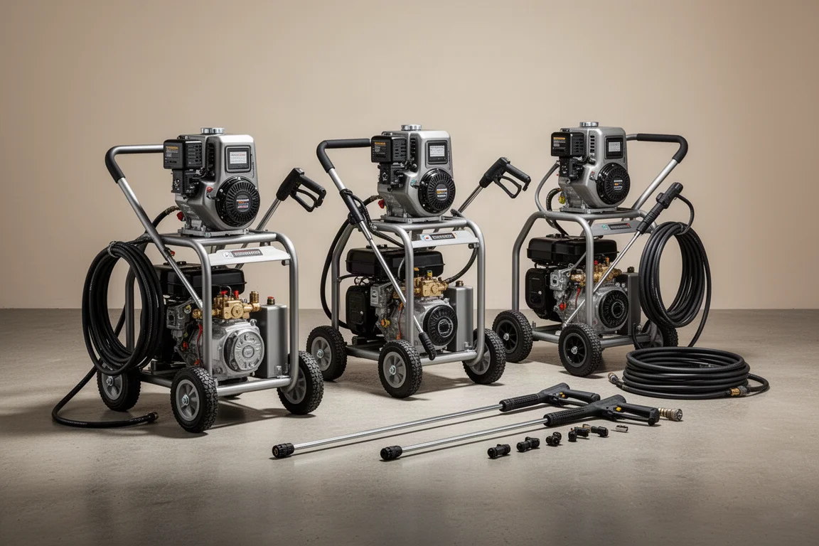 Three Simpson Pro Series gas pressure washers lined up on a concrete surface