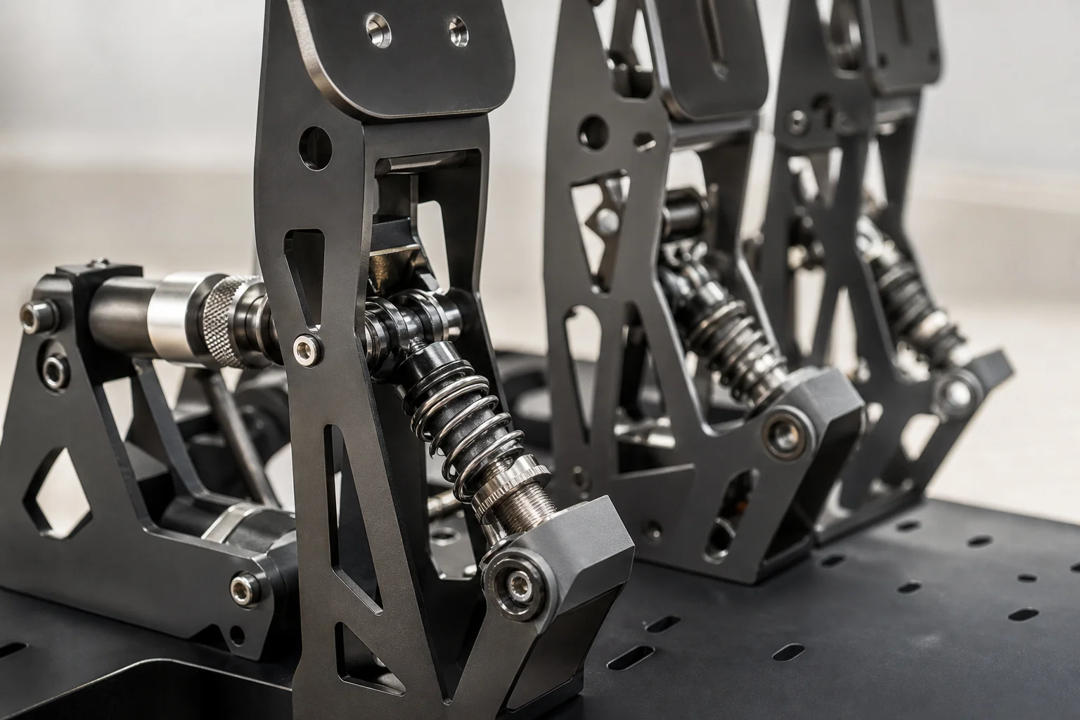 Close-up of steel pedal construction showing laser-cut edges and spring mechanisms