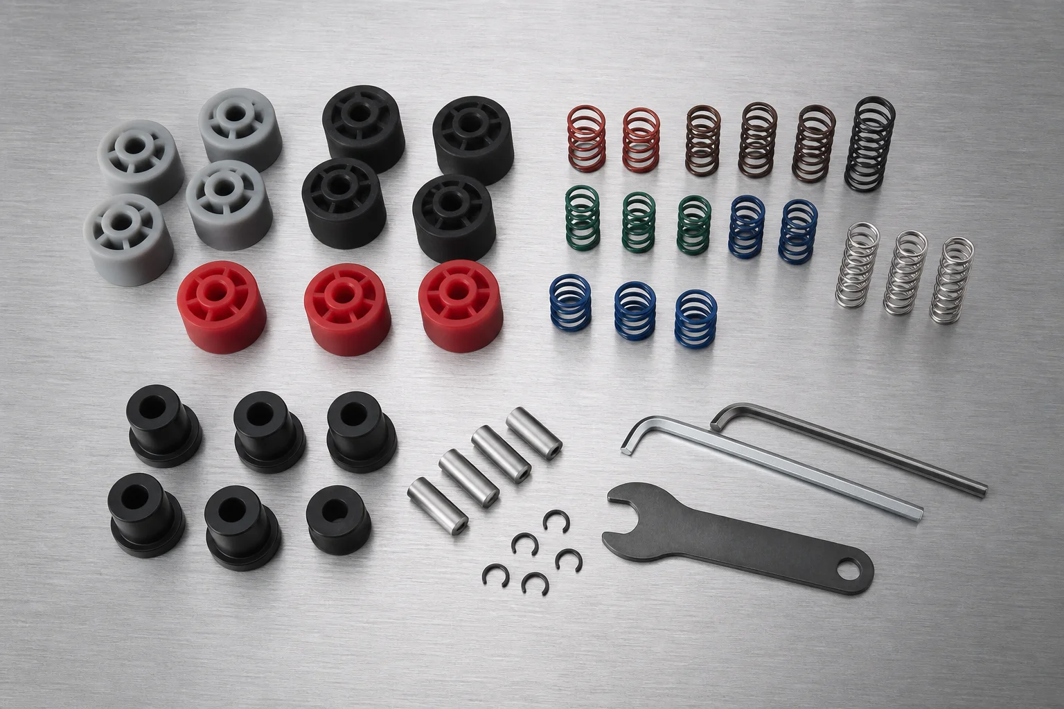 Flat-lay of interchangeable elastomers and springs for pedal customization