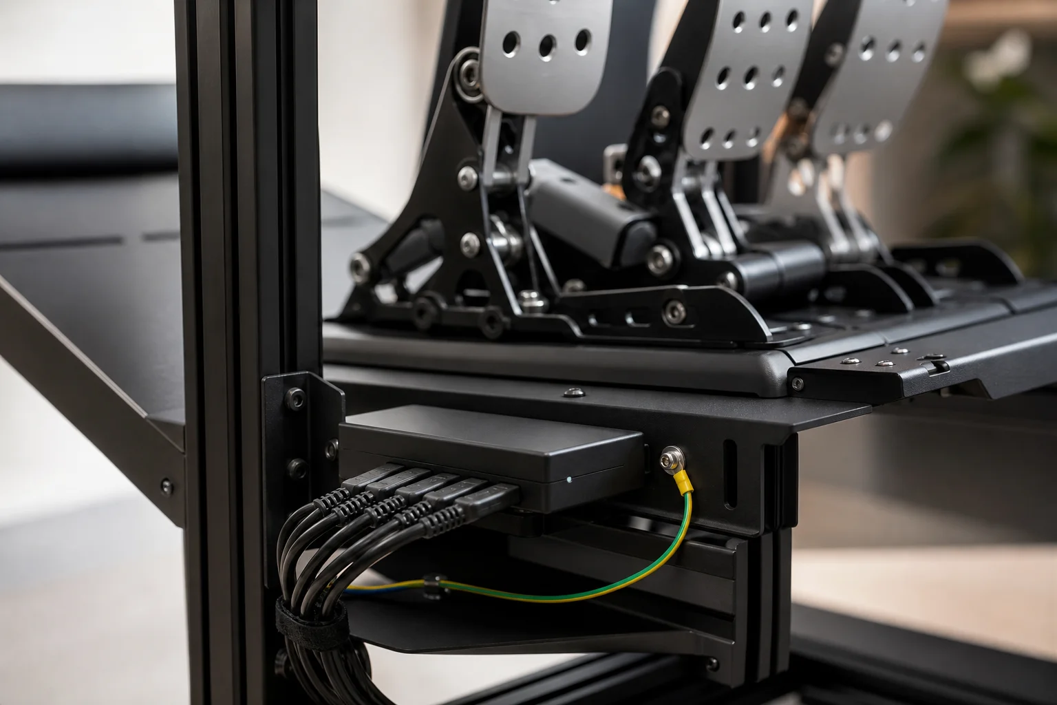 Pedal assembly mounted in rig with USB control hub and grounding wire