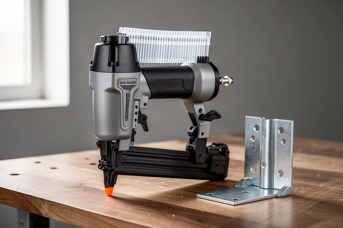 Pneumatic connector nailer with collated nail strip on a workbench beside a steel joist hanger