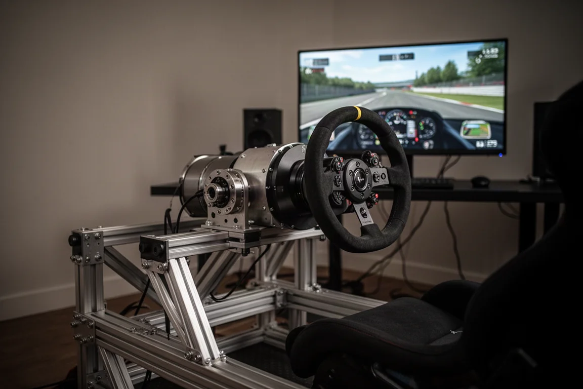 Cockpit de simulation de course avec base direct drive et volant dans une pièce faiblement éclairée
