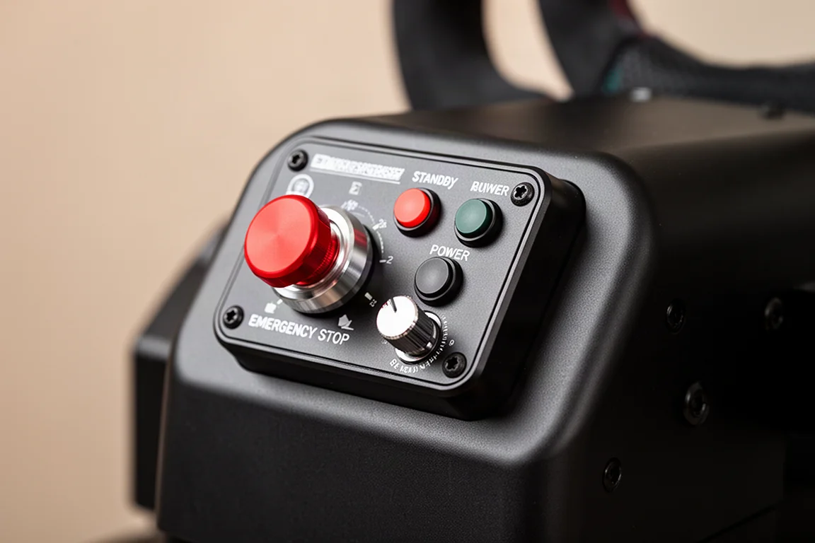 Gros plan sur le module de commande d'une base de simulation avec boutons et molette