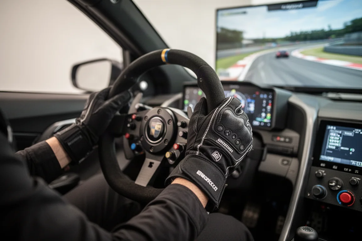 Mains d'un simulateur agrippant un volant lors d'un virage intense